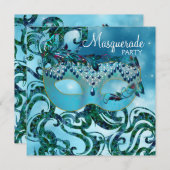 かわいらしティール（緑がかった色）ブルーマスカレードパーティー 招待状 (正面/裏面)