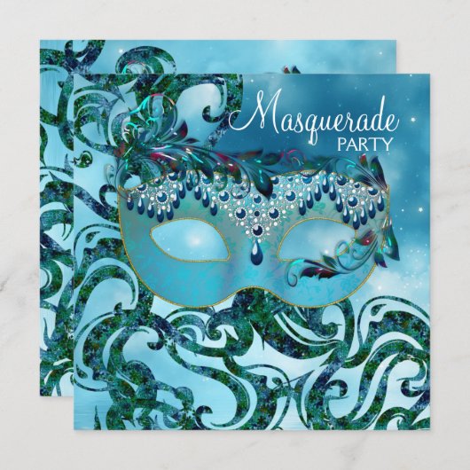かわいらしティール（緑がかった色）ブルーマスカレードパーティー 招待状 (正面/裏面)