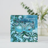 かわいらしティール（緑がかった色）ブルーマスカレードパーティー 招待状 (スタンド正面)