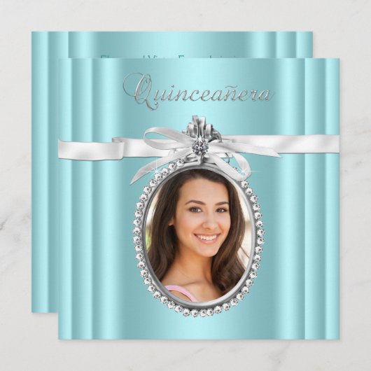 かわいらしティール（緑がかった色）ブルー写真キンセアニェラ 招待状 (正面/裏面)