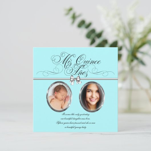 かわいらしティール（緑がかった色）ブルー写真キンセアニェラ 招待状 (スタンド正面)