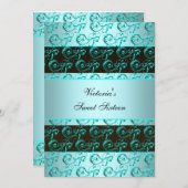 かわいらしティール(緑がかった色)ブルー旋回Sweet sixteen 招待状 (正面/裏面)