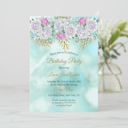 かわいらしティール（緑がかった色）ブルー金ゴールドフローラピンクバースデーパーティー 招待状 (スタンド正面)