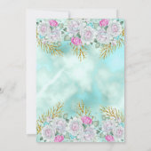かわいらしティール（緑がかった色）ブルー金ゴールドフローラピンクバースデーパーティー 招待状 (裏面)