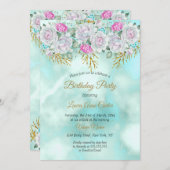かわいらしティール（緑がかった色）ブルー金ゴールドフローラピンクバースデーパーティー 招待状 (正面/裏面)