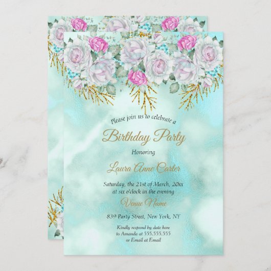 かわいらしティール（緑がかった色）ブルー金ゴールドフローラピンクバースデーパーティー 招待状 (正面/裏面)