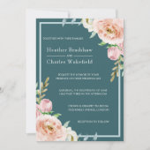 かわいらしティール（緑がかった色）水色フローラ結婚 招待状 (正面)