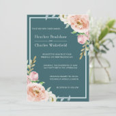 かわいらしティール（緑がかった色）水色フローラ結婚 招待状 (スタンド正面)