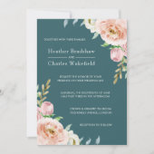 かわいらしティール（緑がかった色）水色フローラ結婚 招待状 (正面)