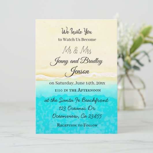 かわいらしティール（緑がかった色）海ショアビーチをテーマ結婚にした 招待状 (スタンド正面)