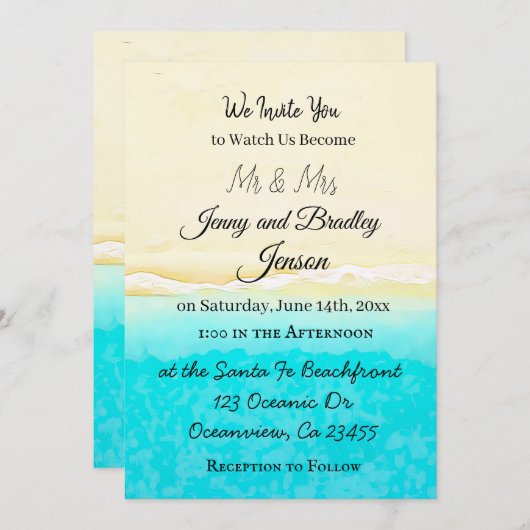 かわいらしティール(緑がかった色)海ショアビーチをテーマ結婚にした 招待状 (正面/裏面)