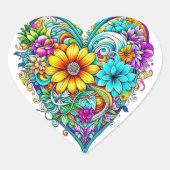 かわいらしティール(緑がかった色)紫フローラハート | バレンタイン ハートシール (正面)