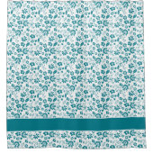 かわいらしティール（緑がかった色）青色花の柄 シャワーカーテン (正面)