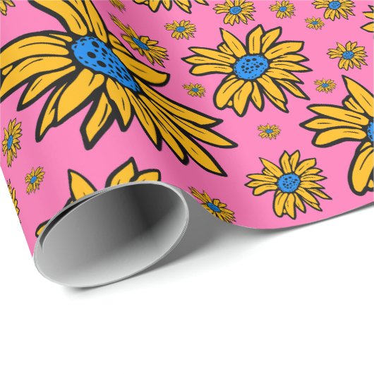 かわいらしデイジーイエローブルーピンク ラッピングペーパー (ロールコーナー)
