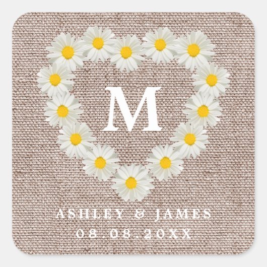 かわいらしデイジーモノグラム結婚ズBurlap スクエアシール (正面)