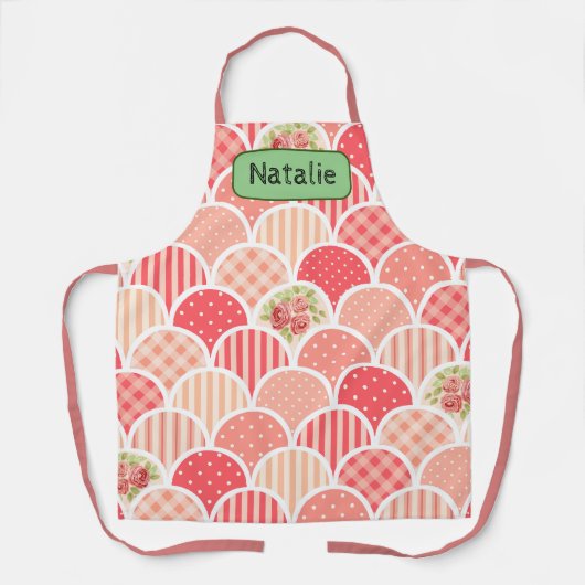 かわいらしデザインlモノグラムのレトロパターンlピンク エプロン (正面)