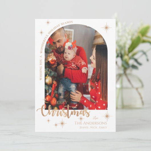 かわいらしバラフェイク金ゴールド家族の写真メリークリスマス シーズンカード (スタンド正面)