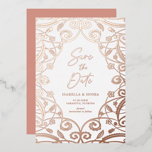 かわいらしバラ金ゴールドフローラレ結婚ース 箔招待状 (正面/裏面)