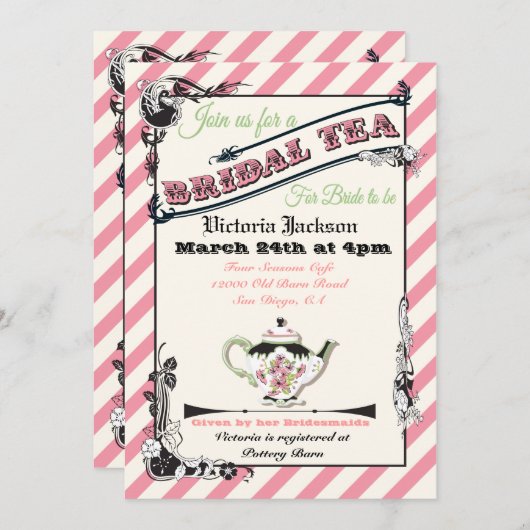 かわいらしビクトリアンブライダルシャワー茶パーティー 招待状 (正面/裏面)
