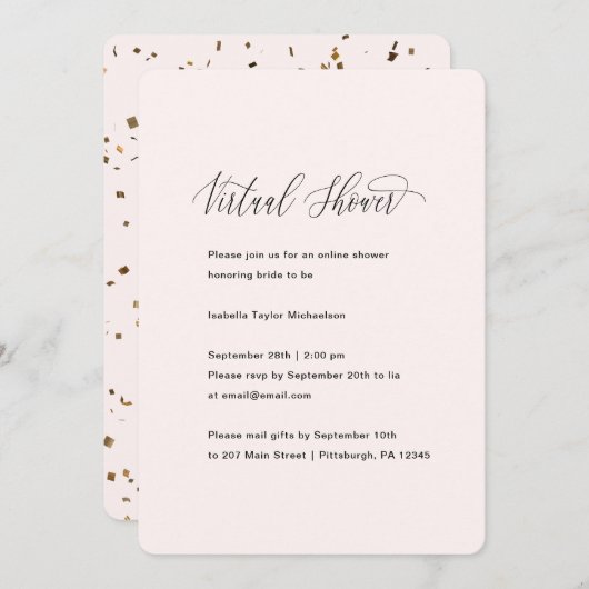かわいらしピンクとフェイク金ゴールド仮想ブライダルシャワー 招待状 (正面/裏面)