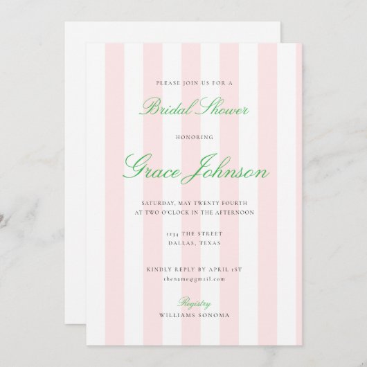 かわいらしピンクと白ストライプの結婚ブライダルシャワー 招待状 (正面/裏面)