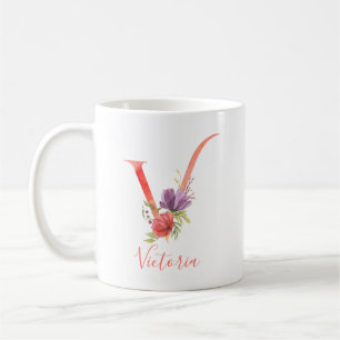 かわいらしピンクの水彩文字「V」 コーヒーマグカップ