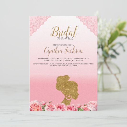 かわいらしピンクアフリカンアメリカンブライドブライダルシャワー 招待状 (スタンド正面)