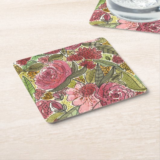 かわいらしピンクウォーターフローラ春ガーデン スクエアペーパーコースター (アングル)