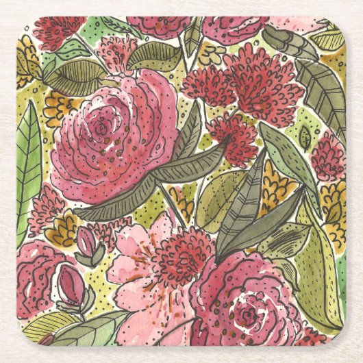 かわいらしピンクウォーターフローラ春ガーデン スクエアペーパーコースター (正面)