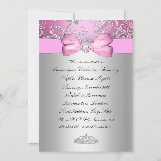 かわいらしピンクシルバーボウ&ティアラキンセアニェラ 招待状 (裏面)