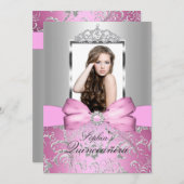 かわいらしピンクシルバーボウ&ティアラキンセアニェラ 招待状 (正面/裏面)