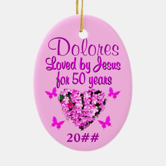 かわいらしピンクフローラパーソナライズされた50番目オーナメント セラミックオーナメント (裏面)