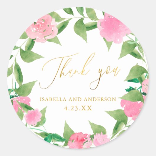 かわいらしピンクフローラフェイク結婚金ゴールドありがとう ラウンドシール (正面)