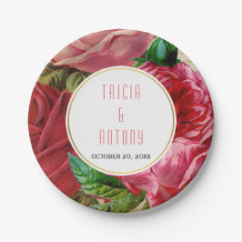 かわいらしピンクヴィンテージバラ結婚フローラ ペーパープレート