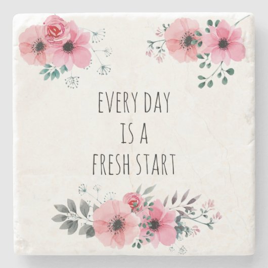 かわいらしピンク水彩フローラ前向きタイポグラフィ ストーンコースター (正面)