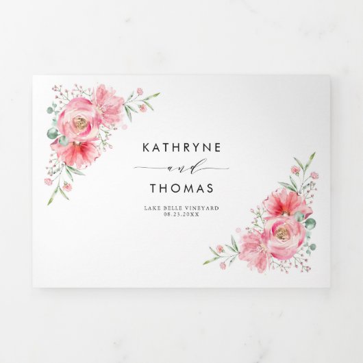 かわいらしピンク水彩牡丹とバラ結婚ズ 三つ折り招待状 (カバー)