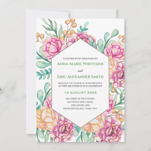 かわいらしピンク牡丹結婚フローラ 招待状 (正面)