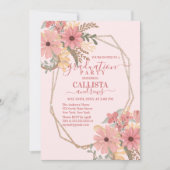 かわいらしピンク絵を描の花のグリッターフレーム誕生日 招待状 (正面)