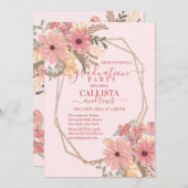 かわいらしピンク絵を描の花のグリッターフレーム誕生日 招待状 (正面/裏面)