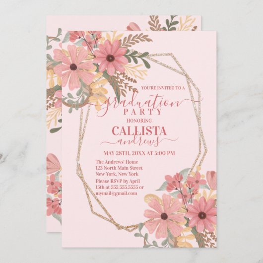 かわいらしピンク絵を描の花のグリッターフレーム誕生日 招待状 (正面/裏面)