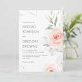 かわいらしピンク色の赤面ジオメト結婚リ 招待状 (スタンド正面)