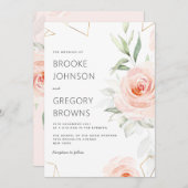 かわいらしピンク色の赤面ジオメト結婚リ 招待状 (正面/裏面)