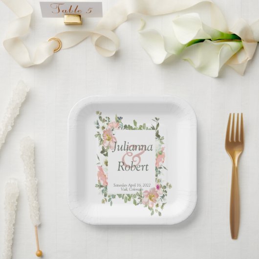 かわいらしピンク色フローラ結婚紙プレート ペーパープレート (ウェディング)