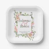 かわいらしピンク色フローラ結婚紙プレート ペーパープレート (正面)