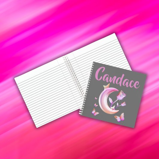 かわいらしピンク – 月，蝶，フローラ – モノグラム | ノートブック