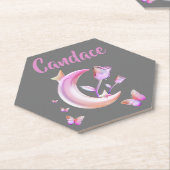 かわいらしピンク – 月，蝶，フローラ – モノグラム | ペーパーコースター (アングル)