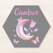 かわいらしピンク – 月，蝶，フローラ – モノグラム | ペーパーコースター (正面)