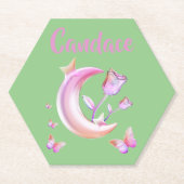 かわいらしピンク – 月，蝶，フローラ – モノグラム | ペーパーコースター (正面)