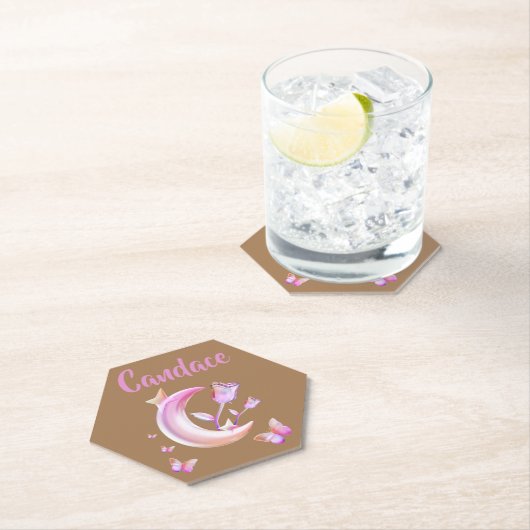 かわいらしピンク – 月,蝶,フローラ – モノグラム | ペーパーコースター (インサイチュ)