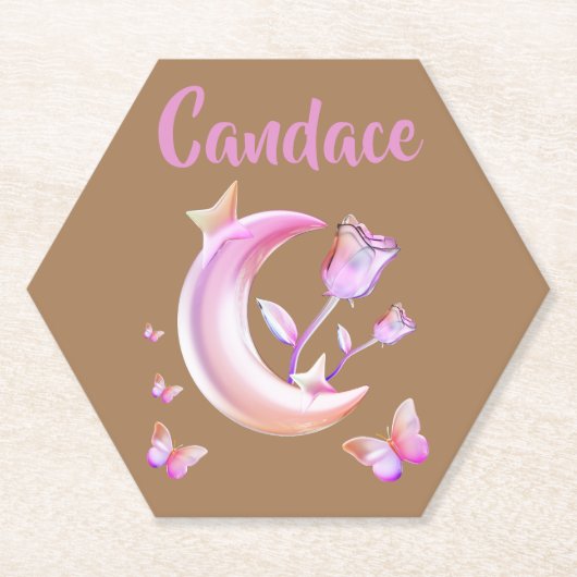 かわいらしピンク – 月，蝶，フローラ – モノグラム | ペーパーコースター (正面)